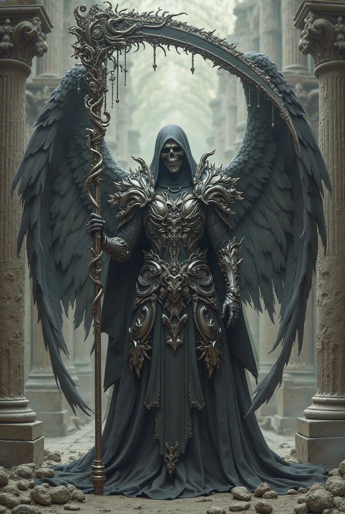 Realistic, 4K, Angel ，Skeleton King with intricate details, Detailed information items and skill images are displayed with dynamic effects + With big wings, sword, Hood on head with war background image (chaos)