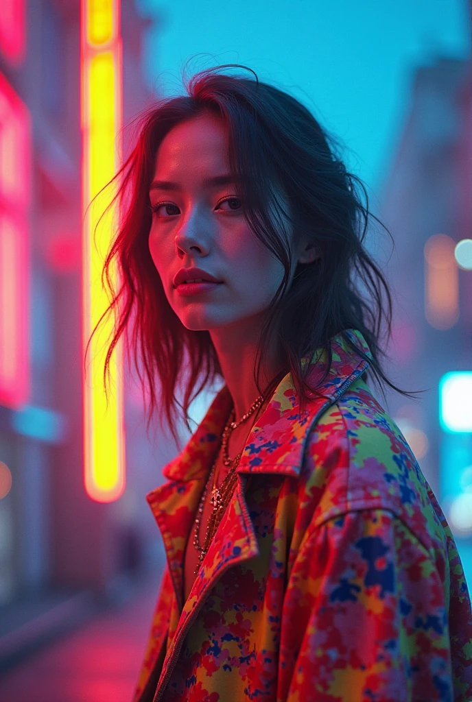 HD, high quality, city, analogic, film, nocturn, neon, lights, sexy female model, perfect face, fog, black and purple
