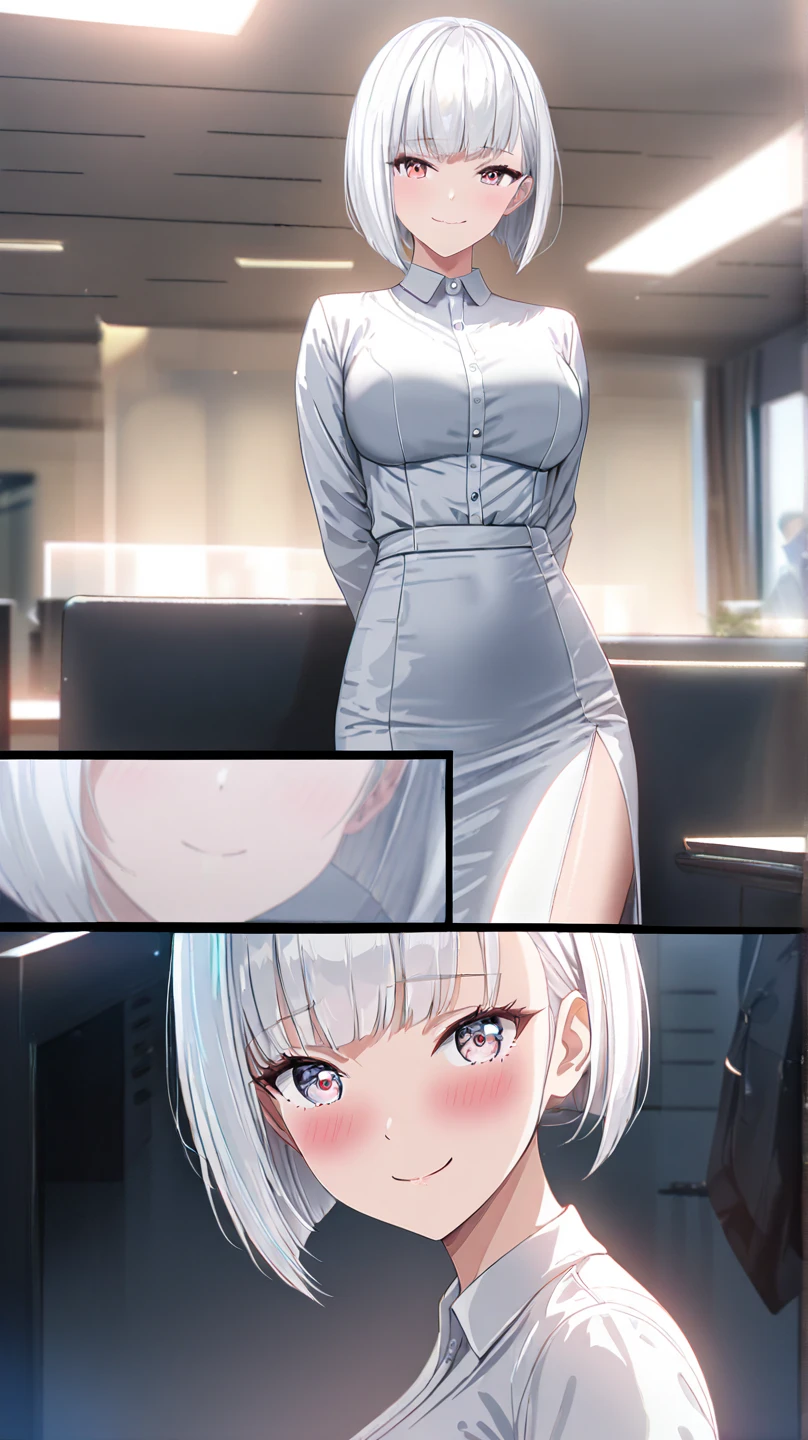 Sexy woman big breasts gray hair about 50 years old short