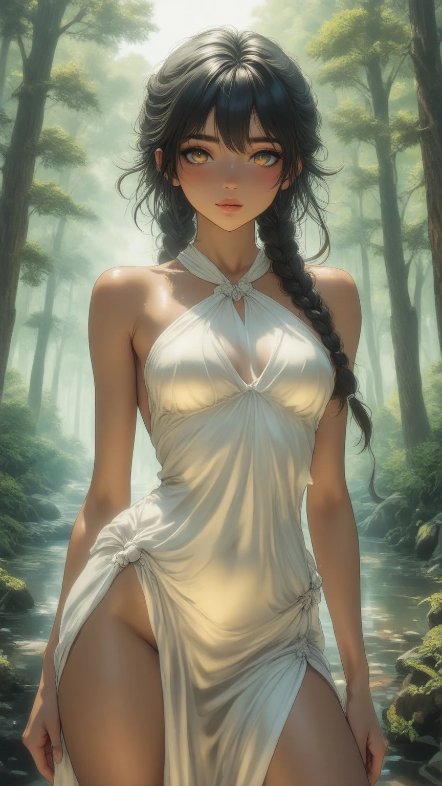a beautiful woman with long, straight, jet-black hair, intense blue eyes, inside a waterfall from which white rose petals rain, she is with a white cobra, which wraps around her neck, a diamond crown on her head, with mist and white glow, the water reaches her waist. profile picture. animated digital art