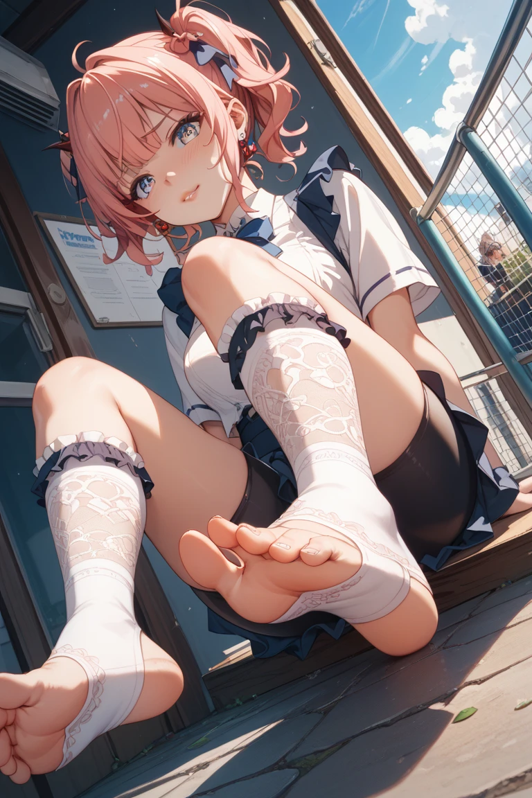 A Female mature robot loves herself. she wears nothing. Her Brown very short pigtails is tied with two big red clothespins, mature, android, blue eyes, full body, Height: 160cm, flushed cheeks, sweat bucket. full body shot, looking straight. Her smile is complete.show White pantie, Looking at the audience, 着ぐるみ