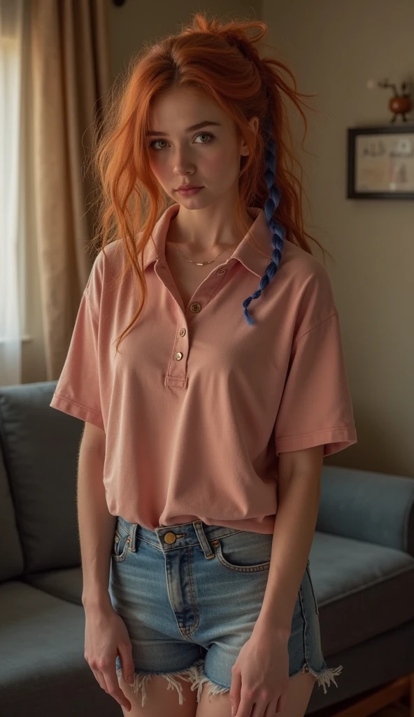1 girl age 27, wearing short and tshirt, solo, aesthetic artwork, irish redhead, long wavy ginger hair, grayeyes light, some small freckles, pale skin, G-cup, huge breasts, slim body, runners body, (textured skin, skin pores:1,1), (moles:0,8), imperfect skin, (extremely detailed 8K wallpaper),soft lighting, high quality, film grain, fujifilm XT3 sharp focus, f 5.6, 50mm, high detailed, sharp focus, high detailed, complex details, background is bazaar, wearing t-shirt
