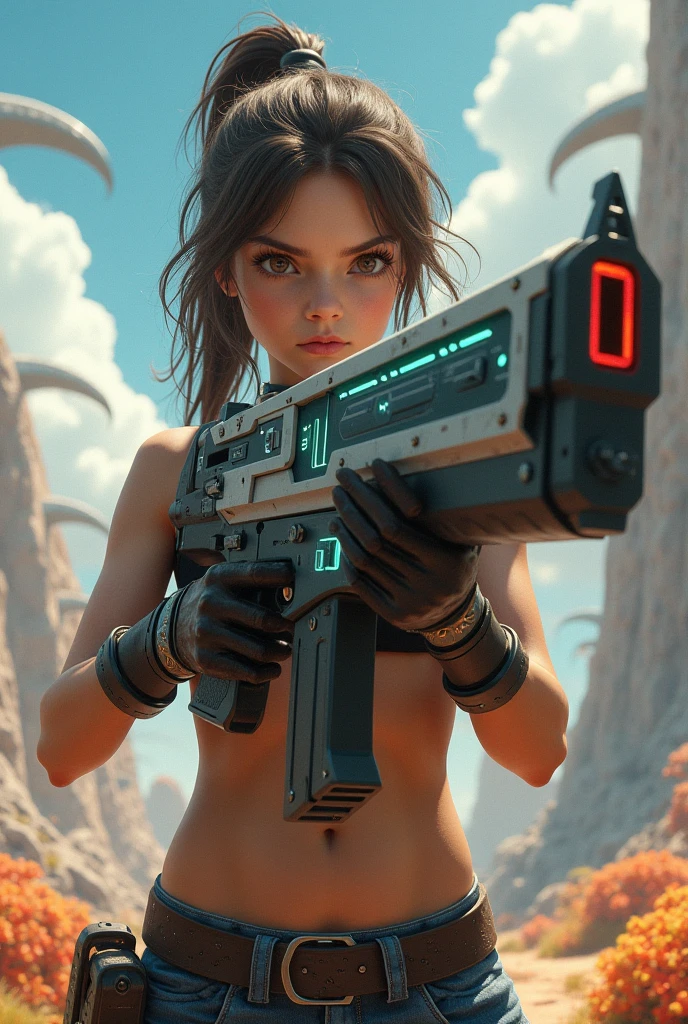 at night, fountain of youth, mystery cave, underground. (((1girl, solo, alone))), large-breast:1.2 slim:0.6 body, slim face, cleavage:1.1, sexy lingerie with jacket, (black sunglasses), (((holding a pistol))), standing pose, (half-body thigh:1.1 level medium shot), mysterious fog, cinematic lighting, ray tracing.