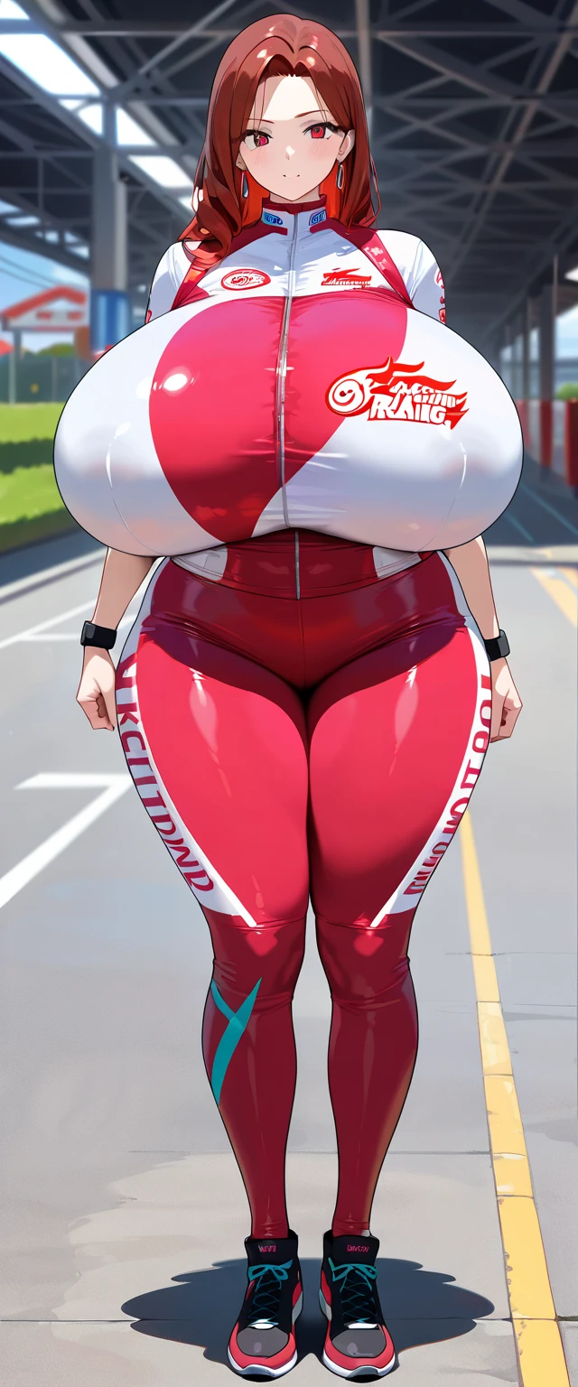 (masterpiece, best quality),1girl, Emma Stone, short red hair, (gigantic breasts:1.2)) (cleavage:1.2) (leotard) running, blush (white socks:1.2), (running race), cinematic lighting, UHD, hyper detailed
