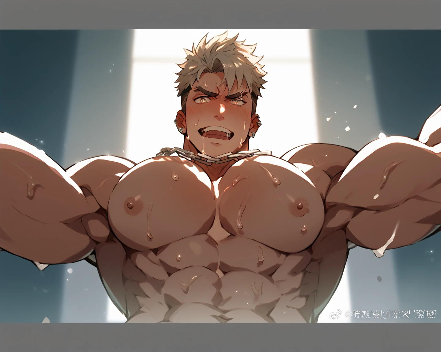 Muscle man fucked by muscle man、erection、Highest quality、Pectoralis major、Abdominal muscles、Body hair、sweating、Sports haircut、White hair and brown skin、Ahegao
