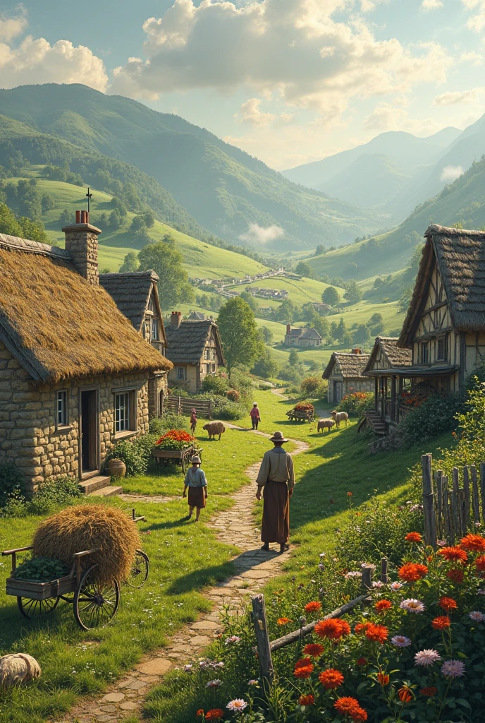 A serene rural village scene with rolling green meadows, rustic stone ...