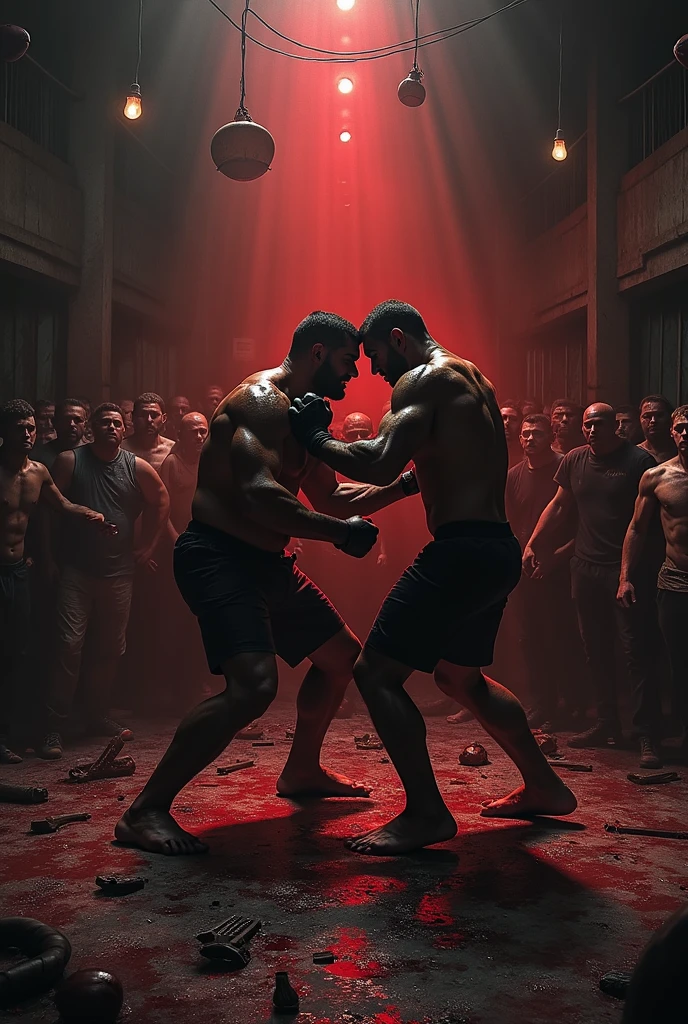An underground club with a ring in the garage、Big muscles、Men、Lynching、Body Punch