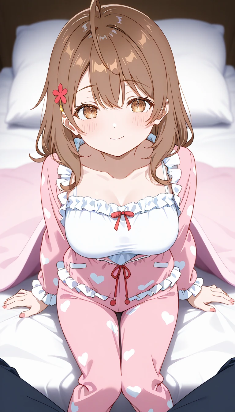 beautiful big breasts, fluffy brown hair, brown eyes, bob cut, blush, smile, sleep, bed, young beautiful girl, generate income, tri blade, frills, ribbon, looks happy,