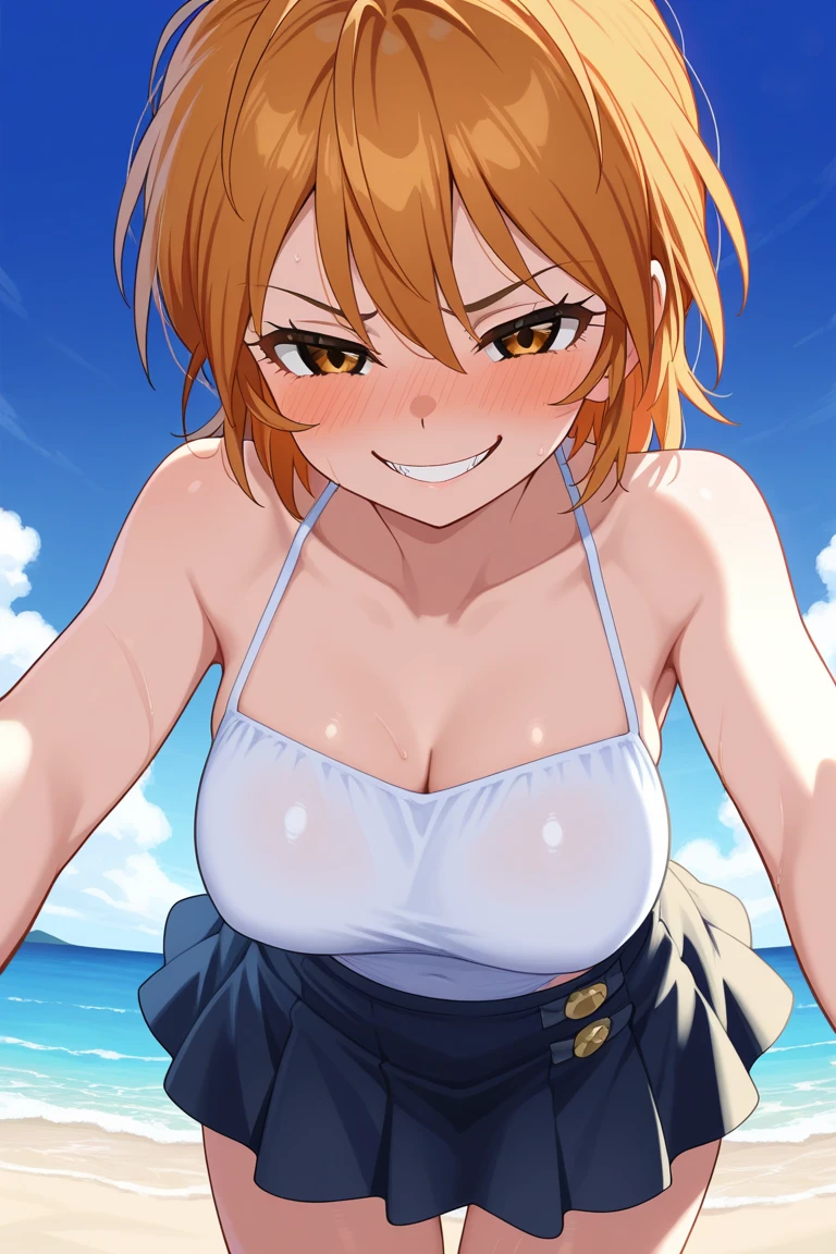 (masterpiece), (best quality), (ultra-detailed), (best illustration), (best shadow), (absurdres), nobarakugisakinova, short hair, orange hair, ((brown eyes)), kugisaki nobara, 1girl, solo, bangs, looking at viewer, upper body, beach background, perfect body, ((perfect breasts)), Hourglass body, thin waist, very thin waist, (large breasts), sexy, (skinny), ((blushing)), bare shoulders, bare collarbone, frown, bare neck, ((blushing)), anime, ((shirtlift)), ((((yellow bikini)))), frown, sleeves