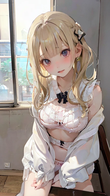 absurderes, ultra-detailliert,bright colour, extremely beautiful detailed anime face and eyes, (Looking at Viewer),Short hair, , asymmetrical bangs, (Blonde hair with short twin tails), Shiny hair, Delicate beautiful face, red blush、Blue eyes, White skin, hair clips,   (Black sexy underwear:1.5)、(Seductive face:1.3),Shiny hair,(Morning Bedroom)、(sun light)、(Lying on your back in bed:1.3),(raise both arm),Upper body
