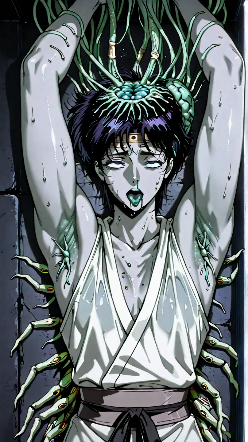 best quality, solo,  front view, upper body, shiny skin, shiny hair, 1girl, completely nude, large breasts, closed eyes,  brilliant, silver skin, restrained, petrification, sleeping, no nipples, megami magazine, 1990s \(style\), retro artstyle, anime keyvisual,
 <lora:petrification_TIR_22222_1:1><lora:ConceptBodyUnite_v1:1> body_unite, green mechanical tentacles,  <lora:nonipples22222_8:1>