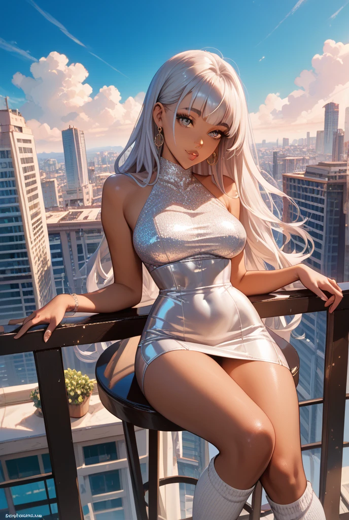 Anime girl in white dress standing on rooftop with city skyline background, giantess art, highly detailed giantess shot, der riese, succubus in tight short dress, inspired by Marek Okon, highly detailed giantess shot, a macro giantess, giantess shot, hot fire giantess, stylized urban fantasy artwork, cgsociety 9, cgsociety masterpiece