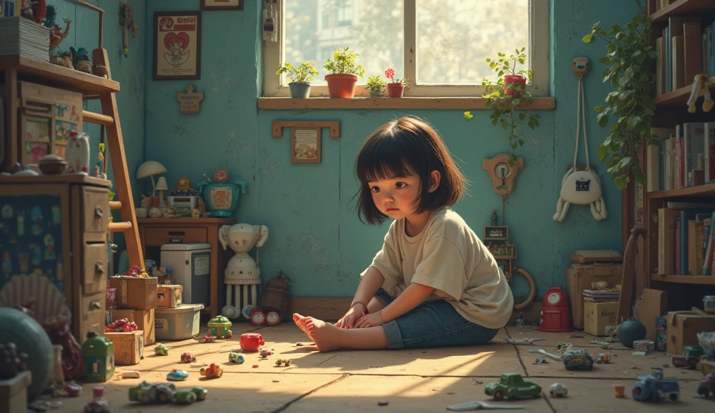 ((High definition, Masterpiece, 8k, Digital Photography, Digital Art)), ((Natural illumination)), contrast, white illumination, ((A young girl towering a miniature tiny house)), young face, pale skin, brown hair, ((Teenage girl)), ((Tanktop, denim shorts)), sunny day, (Looking down at a miniature house)