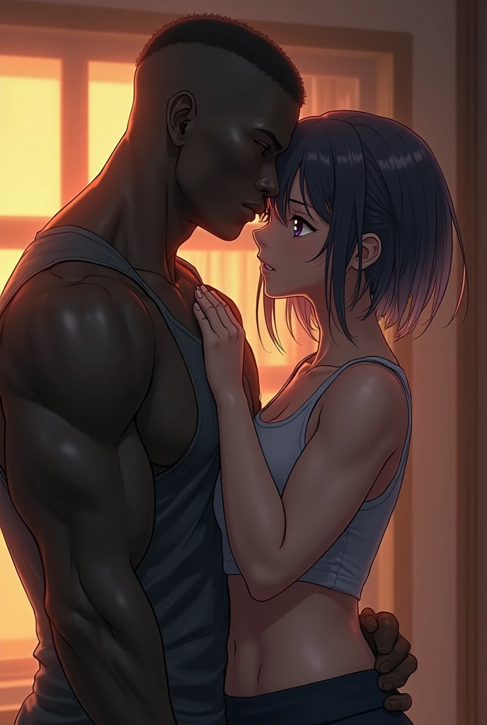 ((Highest quality)), ((masterpiece)), (detailed), (Perfect Face)、The woman is Akane Kurokawa, with blue bob hair, and is naked on the bed with a naked middle-aged black man with a muscular beard. They embrace, kiss, and make love, and have a married couple's insemination sex. The man's penis enters the woman's pussy and a large amount of semen is ejaculated.、Man and woman wearing engagement rings、The man and woman are climaxing with pleasure
