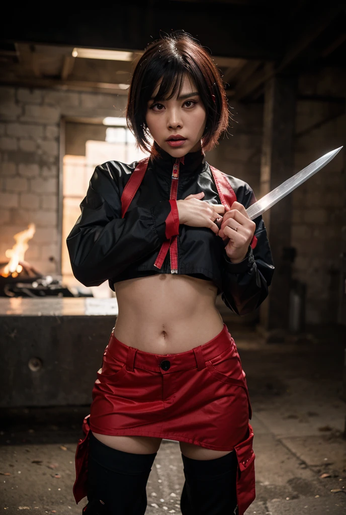 Japanese Culture Style, Neo Photorealistic Art, Emotional Photos, 35mm film, Young Japanese Woman , Black short hair, Platform thigh boots, white shirt, black tie, Stockings, badass, provocative pose Standing, A Japanese sword is stuck into the ground, in an intricate dojo decorated with Japanese prints in background