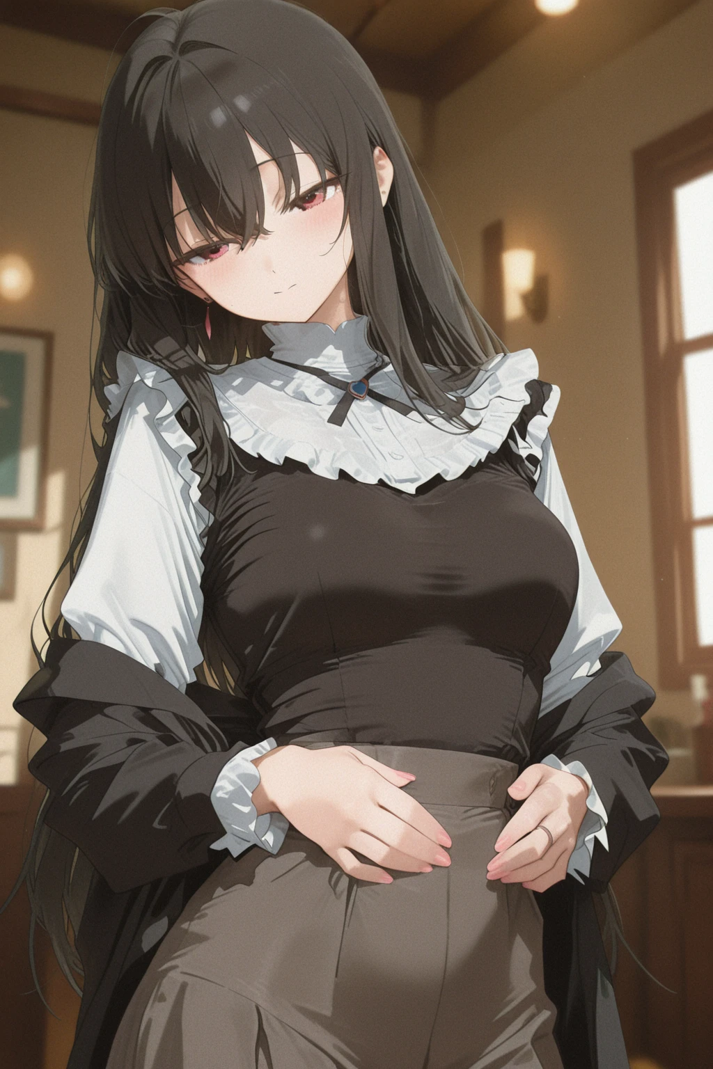 NSFW,One girl,(Maid clothes:1.3),(cropped:1.5),belly button,Micro Mini Skirt,Fishnet tights,Small breasts,(Perfect hands),(Perfect Anatomy),(masterpiece),(highest quality),Dissatisfied face,Embarrassed,blush,night,Luxury Room,Office
