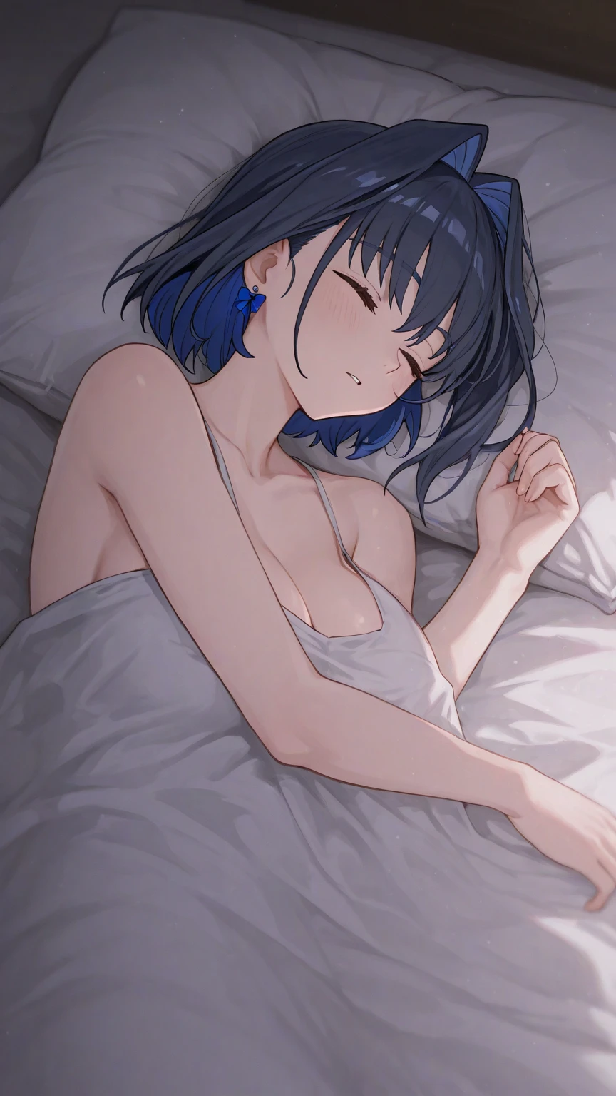 This is a Japanese hot spring inn.、Late Night、A 27-year-old woman with small breasts is sleeping on her back on a futon.、I will take a picture of her sleeping from directly above.、White medium shorthair with blue-purple mesh、Pure white and loose lob hair、Eyes closed、She is sleeping with a white bath towel wrapped around her.、Small breastodest chest、A sleeping face that looks comfortable、High quality、High Detail、high resolution、4K quality、drawn by Japanese ilastrator