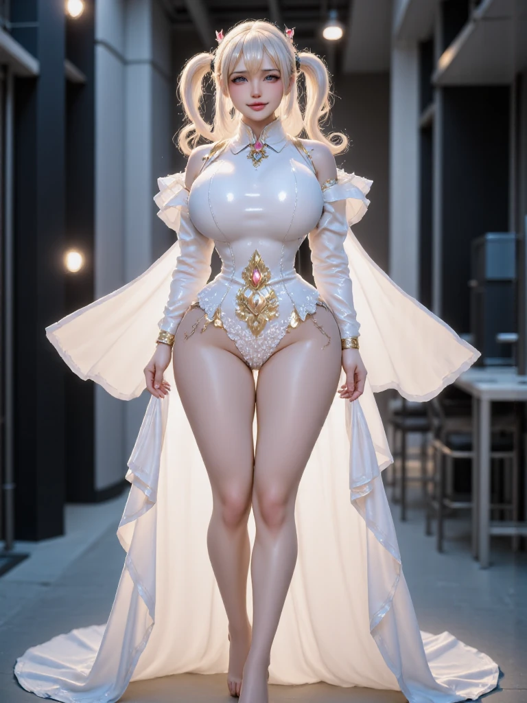 ((masterpiece, best quality, ultra-detailed, ultra-HD, photorealistic, cinematic)), ((alluring female model as Frieren)), (petite, female Elf with green eyes), (long white hair tied into two pigtails), (large, pointed ears), (voluptuous body), perfect body, sexy body, perfect face, perfect hands, (medium-size cleavage), round ass, long round legs, (wears white long elven dress), (gradient background:1.2), (sensual pose:1.2), (wide shot, full body view:1.2)