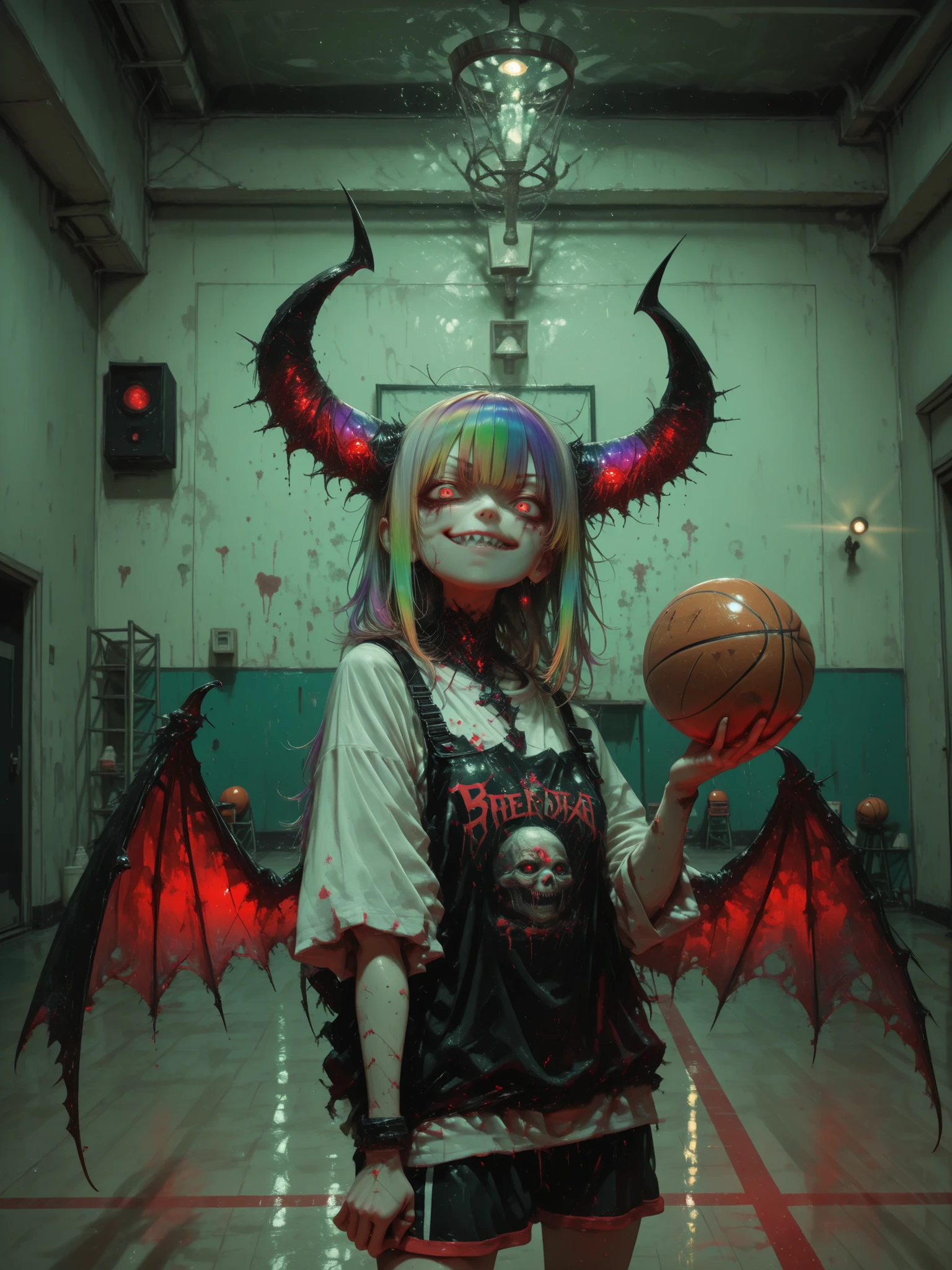 [topic]  screenshot from the movie  , creepy killer from the dark|
[character] A woman with curled rainbow horns, the killer behind her, Huge bat wings.
[action] serious expression, a majestic standing figure、smirk, sharp teeth, holds a basketball in the gym , looks at viewers、 dutch corner , full face | , the ball bites
[environment] ,   spotlights  , basketball court , on the street、night background|
[style] double exposure,  masterpiece、  ultradetail  、high definition
