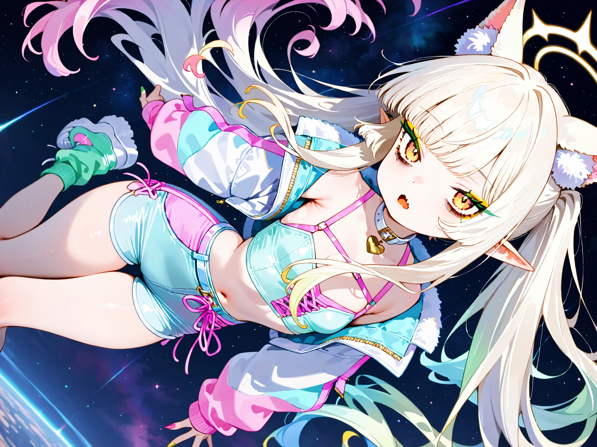 Beautiful blonde woman with white hair and white jacket is depicted in front of Mr./Ms.'s colorful and electronic background, long hair, thighs, hair above one eye, breasts, 1girl, navel, hair ornament, jacket, pointed ears, nurse cap, skirt, black jacket, smile, open clothes, underwear
