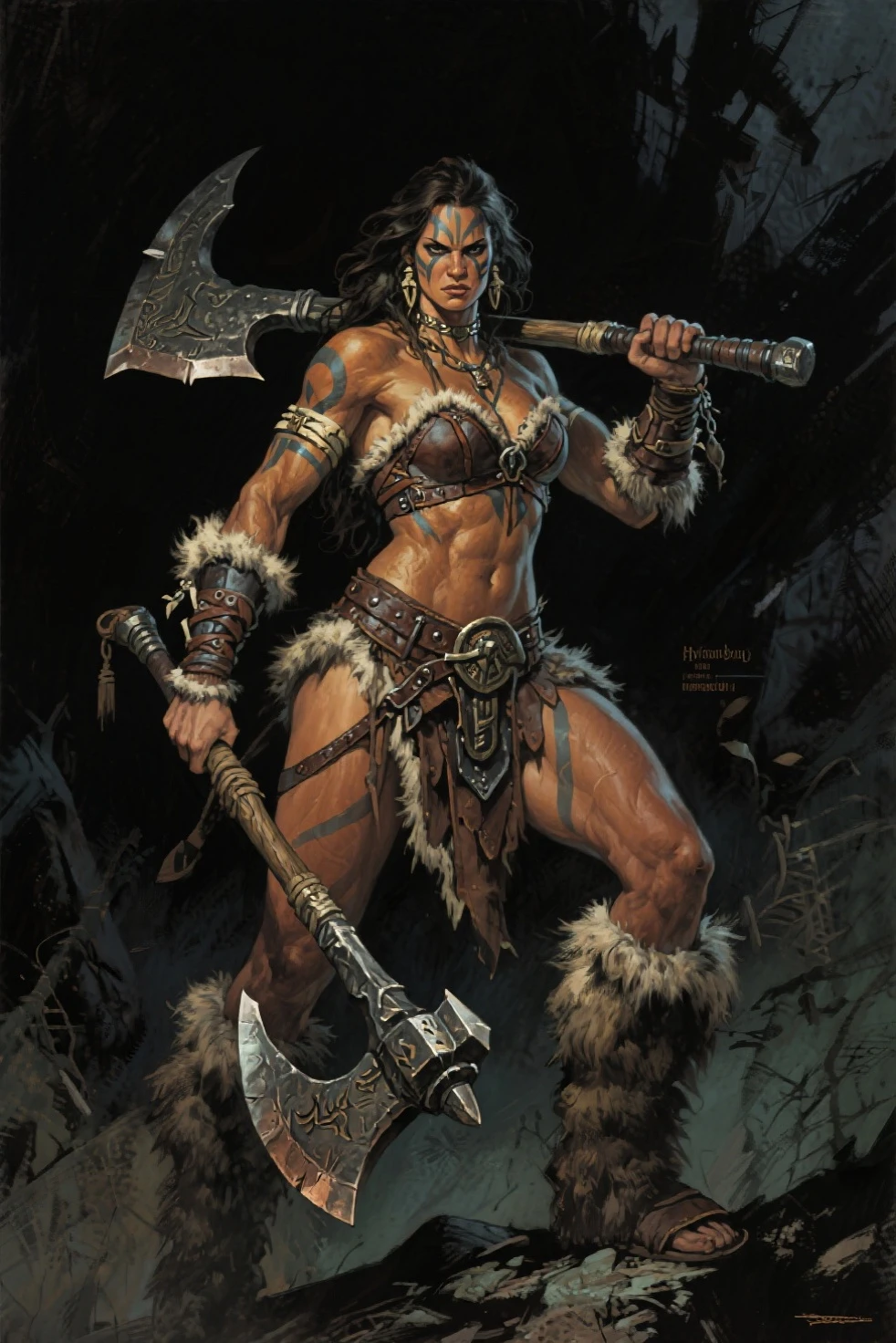 ((realistic:1.5)),((best quality)), ((masterpiece)),((detailed))a heroic sexy warrior, on an epic battlefield, stern, sword and axe, by Frank Frazetta, by Luis Royo, by boris vallejo,