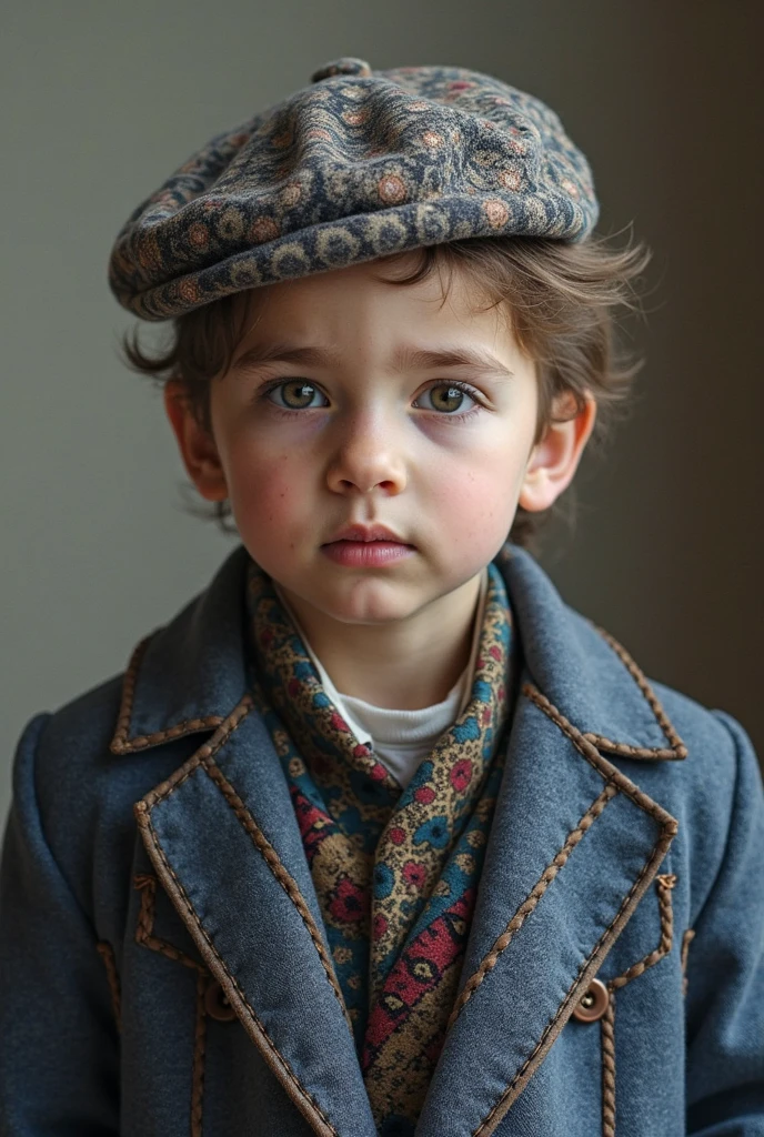 4K Vivid Child Girl, 19 years old, boys, gram, naturals, Messy hair, Dark Brown Short Hair, hazel eyes, glare eyes, Photographic model, peasant dress , Homem pequeno, masculine, blue sky , beige linen jacket , and beret , social short hair, boy , gel hairstyle