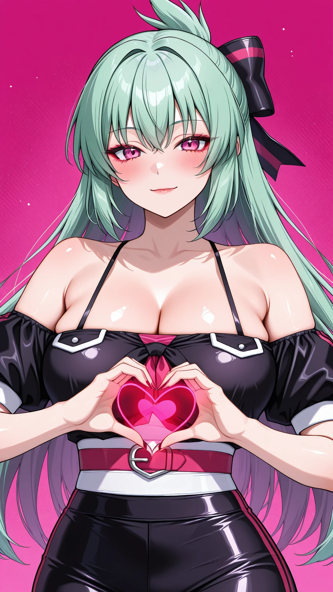 solo, kanzaki_saya, mature woman, Tight waist、Small waist、shiny Skin , (cute succubus, succubus cosplay) sexy, off shoulder, upper body, light smile, Moe Moe Ekyun、Heart in hands