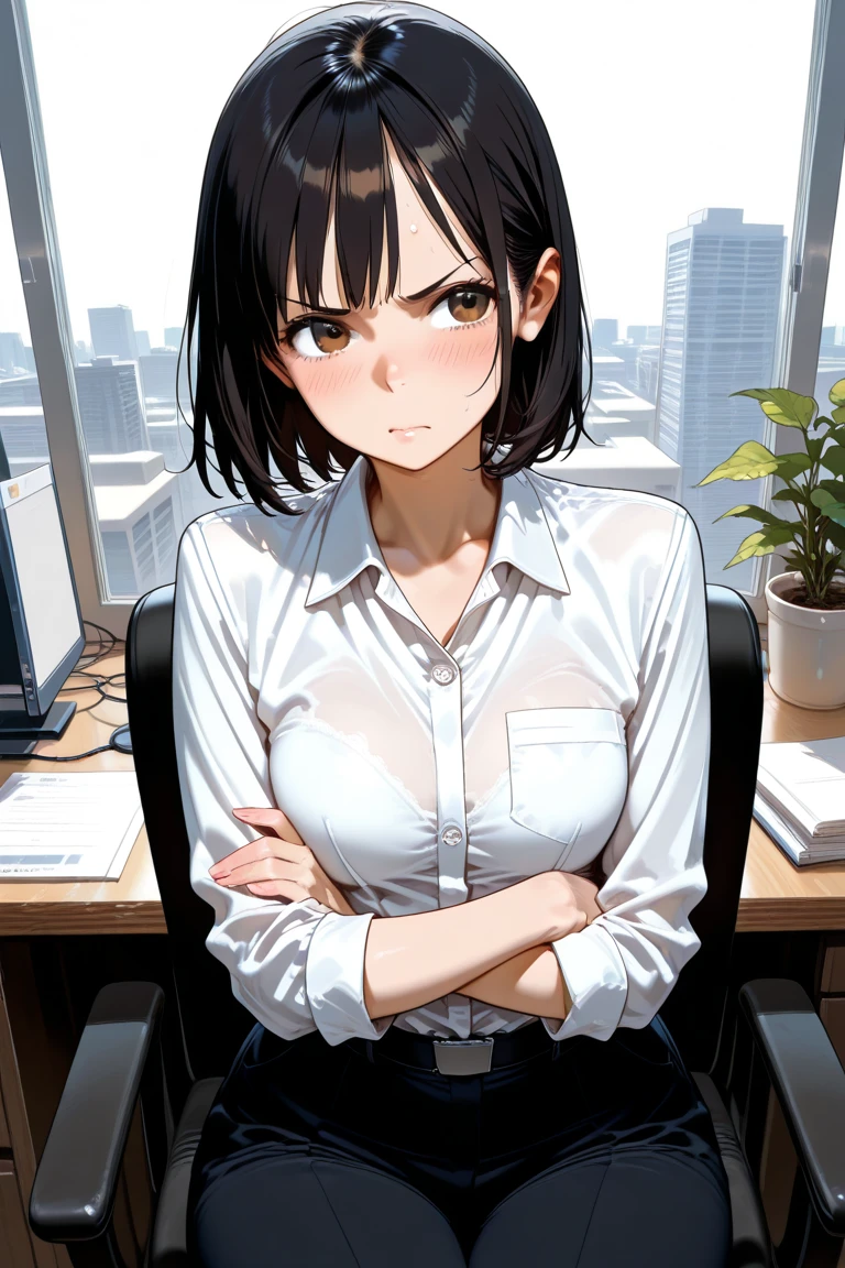 kobeni from chainsawman, black vivid eyes, with her iconic two red hair clips, sweating, wearing white long sleeve, cleavage, black dark business pants, sitting on office chair, office setting, indoors, windows, panicking, windows, daytime,