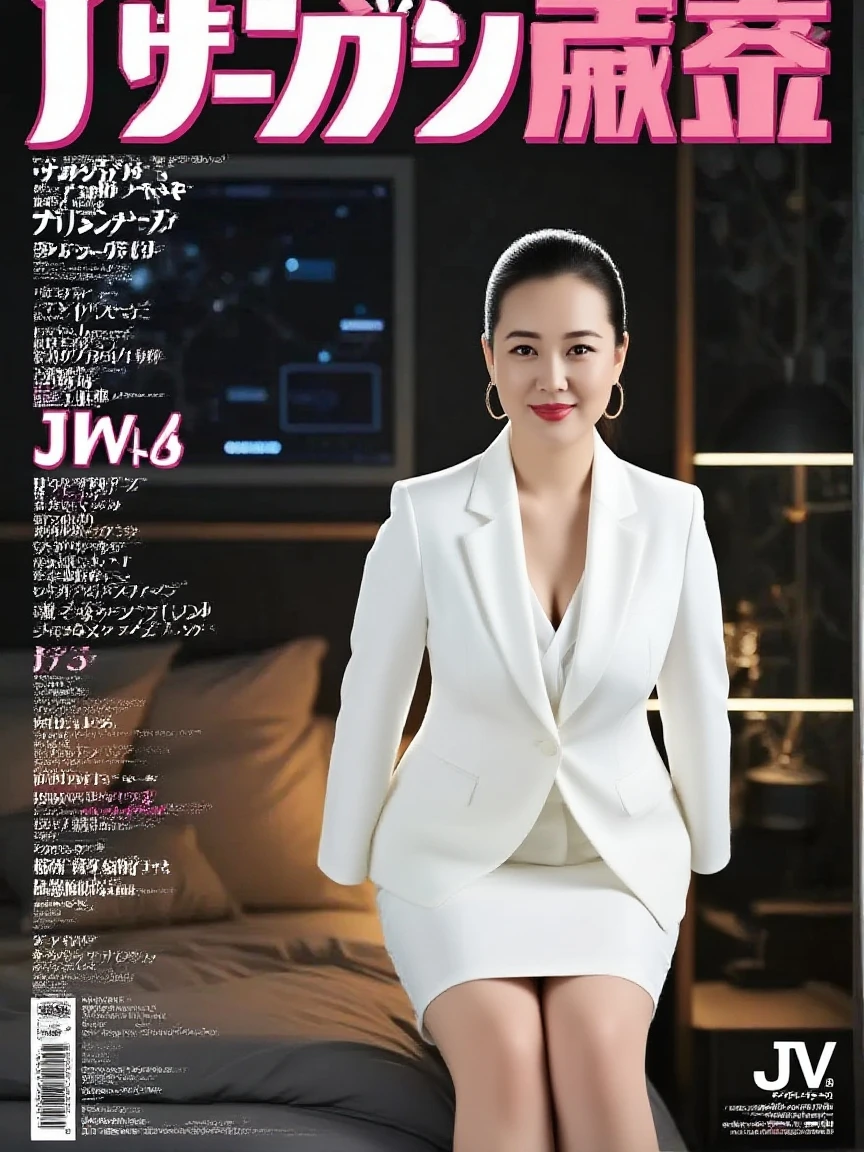 magazine cover, Beauty:
Stunning beauty graces the cover of this month's magazine, busty mature woman, full body shot