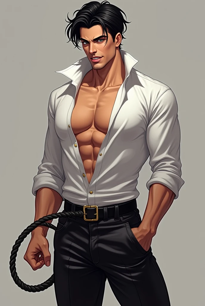 leo alvarez, muscular, bara, wolf tail, (posing:1.3), (soft shading), 4k, hi res, five fingers, detailed hands, ((detailed face, (detailed eyes:1.0), detailed)), by zackarry911, by zaush, (by personalami:0.5), solo, looking at viewer, short hair, shirt, 1boy, navel, nipples, full body, male focus, thighs, belt, boxers, stomach, clothes lift, black shirt, kneeling, mouth hold, shirt lift, thick thighs, abs, denim, lifted by self, arm behind head, bulge, bare pectorals, seductive smile, clothes in mouth, shirt in mouth
