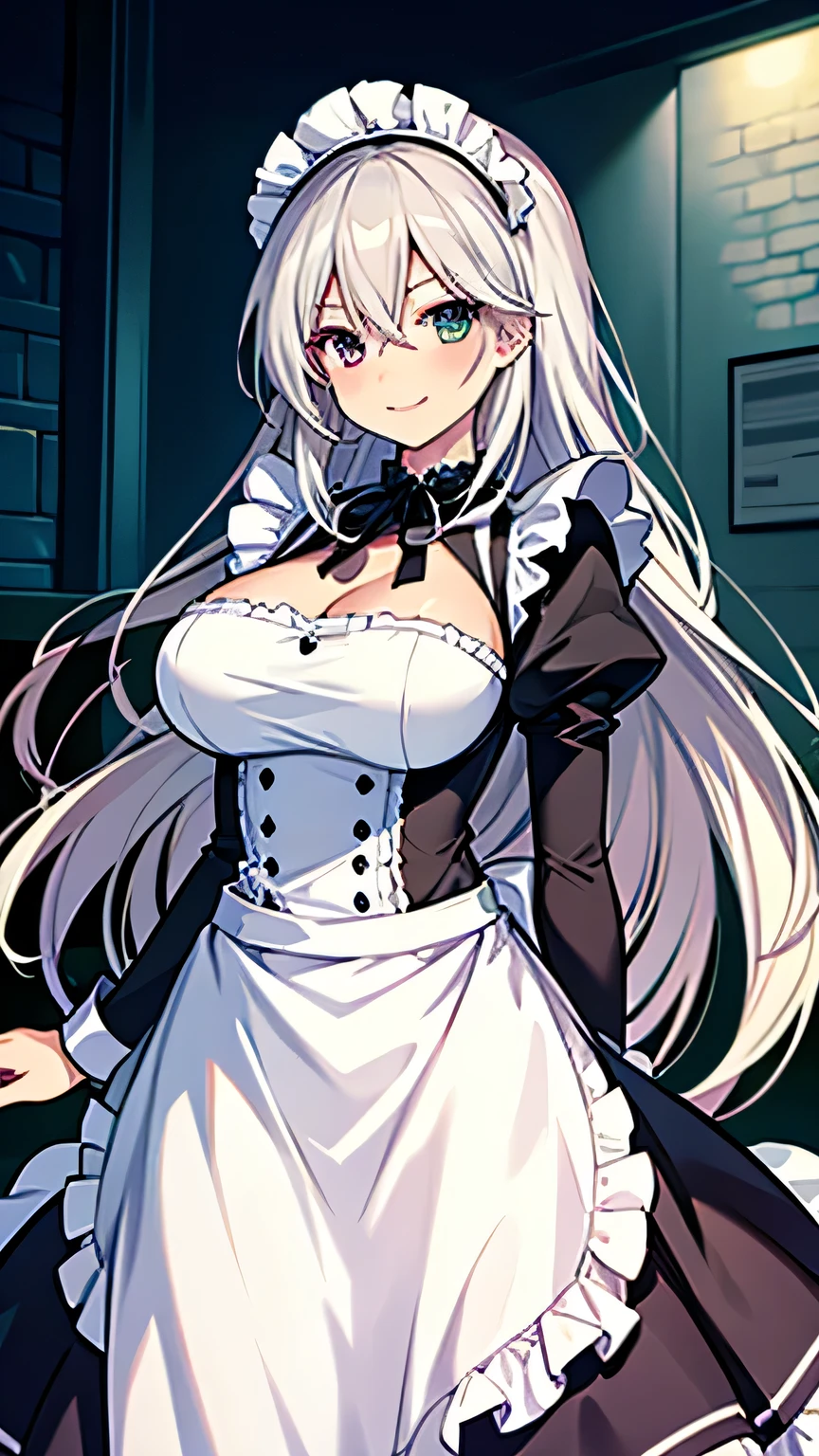 (1girl),(petite), ( oily skin, shiny skin:1.3), ( cowboy shot, from below), ( masterpiece,best quality,high-resolution), ((Anatomically correct number of limbs),(Anatomically correct number of fingers), (Beautiful five fingers)), (Heterochromia, glowing eyes), ((silver hair), glowing hair, very long hair, Thick hair), (maid:1.5), ((gigantic breasts), huge erect nipple, beautiful breasts, curvy), (seductive smile, evil smile), parted lips), (dramatic shadows, in door, Late Night, mansion, castle)