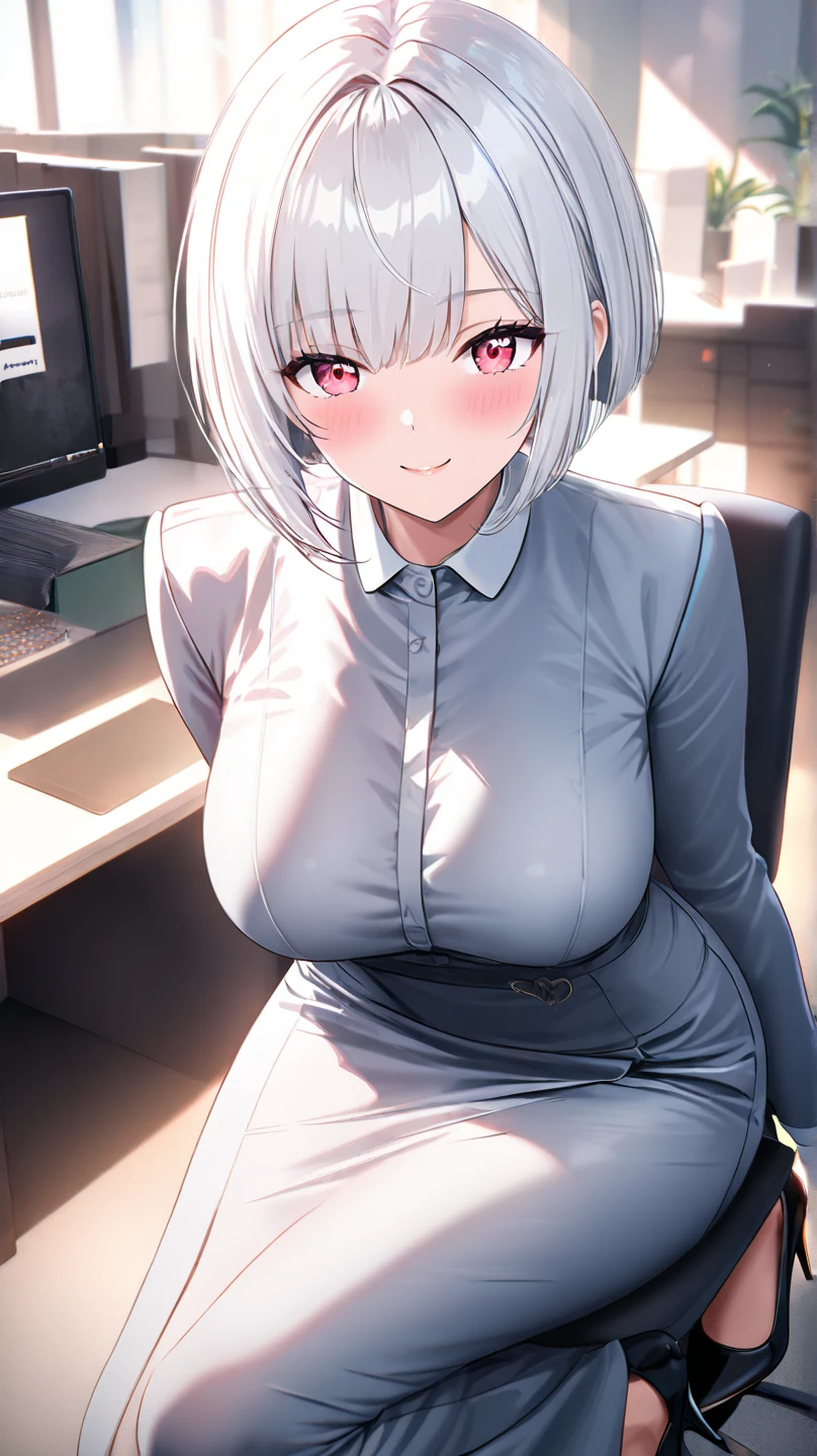 (masterpiece:1.3), High resolution, Super detailed, Highly detailed CG Unity 8k wallpaper, Realistic, photo-Realistic, RAW Photos, Beautifully detailed face, Pale skin, Realistic glistening skin, Detailed cloth texture, Detailed hair texture, Perfect body, Beautiful Face, Accurate, Anatomically correct, Highly detailed face and skin texture, Natural neck length, (Beautiful hand air skin:1.2), Thin legs, Thin legs,
break,
Detailed eyes, Symmetrical eyes, bright red eyes, double eyelid, Thin eyebrows, (Glossy Lips:1.4), ((Smiling Kindly, Wait for a kiss:1.2)), (blush:1.1),
break,
(Elegant and cute:1.3), (Wearing a classy light red button-up shirt:1.2), (Wear a long pencil skirt:1.2), Close button,
Large Breasts, (Slim figure:1.1), Toned Abs, Beautiful clavicle,
(Silver Hair, Twin tails, Long Hair:1.2), ((Asymmetrical bangs:1.2)),
break,
((Standing at the reception desk, Leaning forward:1.1)), (In a modern office building in Japan:1.2), (Face close-up:1.2), View your viewers, from the front,((Big Breasts))