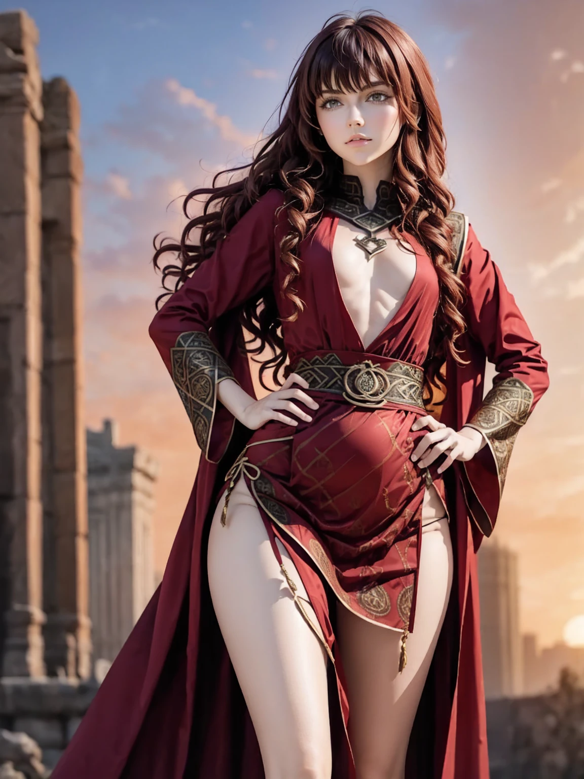((Full body photo, standing, feet on the ground)) (best quality, masterful work), 1 chic, straight hair, wavy red hair, wide smile, supportive and comfortable, inside a castle, long hair