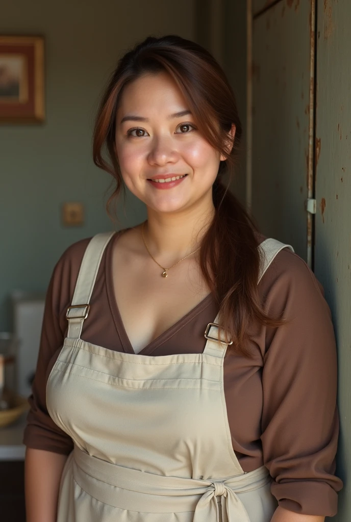 a beautiful Indonesian woman, slightly chubby, only wearing an apron without shirt, is cooking in the kitchen. The kitchen atmosphere is a background detail. look at the viewer, natural light, realistic photography, wide angle shot.