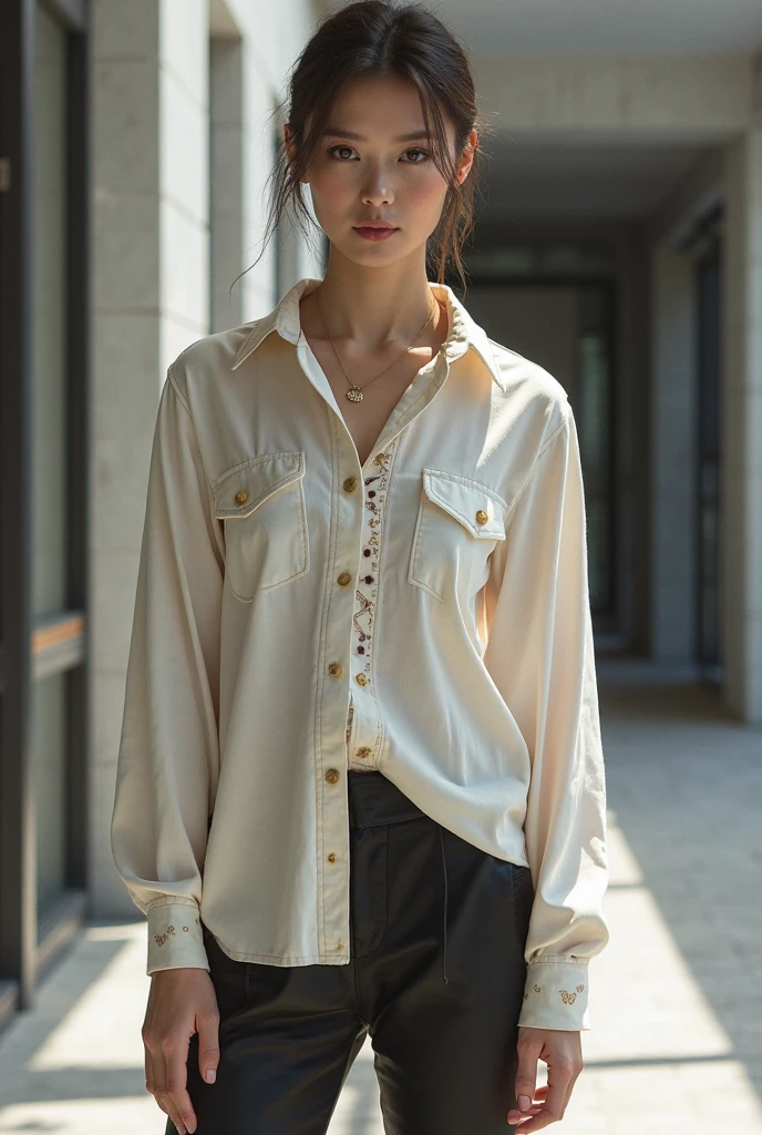 mujer, pechos gigantes, pelo negro largo, ojos cafes, con camisa escolar blanca chica, camisa mojada, brasier visible, falda azul corta, anime