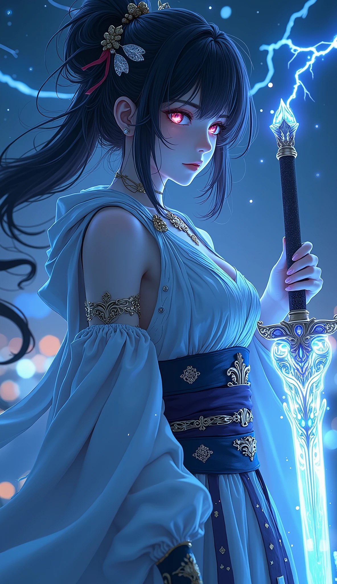 Beautiful Anime Girl,Handheld Flashing Sword,Standing in the Night Sky的Nihon Raijin和Lightning Goddess 之下,周圍環境為 digital fantasy art 風格的場景,整體呈現出一種Cyberpunk Samurai的氣質,Maya Ali扮演著Lightning Mage的角色,The whole scene is like a style of epic fantasy art,Cinematic Lightning and Color效果,Full of overall trend。best quality,4K,8K,high resolution,masterpiece,ultra-detailed,realistic,photorealistic,photo-realistic,HDR,UHD,studio lighting,ultra-fine painting,sharp focus,physically-based rendering,extreme detail,professional,vivid colors,bokeh,anime girl,Handheld Flashing Sword,Standing in the Night Sky,Nihon Raijin,Lightning Goddess , digital fantasy art ,Cyberpunk Samurai,Maya Ali,Lightning Mage,Epic Fantasy Art Style,Cinematic Lightning and Color,trending