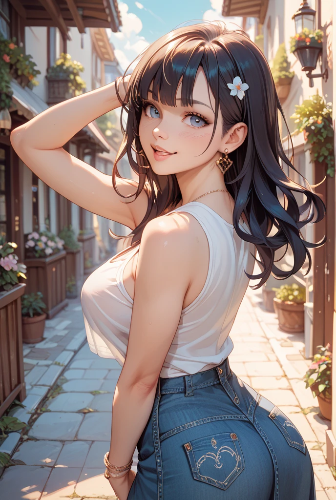 #Basics A girl is posing for a photo, animeのかわいい女の子, (((One Girl, Baby Face, Young girl, 16 years old))),
BREAK
#Clothing Accessories
((Blue denim bell bottoms) + (A simple black high-neck sleeveless shirt), (She's wearing a light blue summer cardigan:1.4)), Wearing white mules),
BREAK
#Features
((Sky Blue Hair:1.4 Curly hair:1.4, (Long Hair : Long Hair + Fuller, more voluminous hair + Hair blowing in the wind)),
(Droopy eyes, blue eyes), (Small breasts),
BREAK
#background environment
((noon, Sunshine, blue sky, Tanned and dark skin, Wooden deck of a summer resort villa, sitting on a wood chair)),
#Facial Expression Pose
((Wicked Smile), (Are standing)),
#composition
((Face the camera, Angle from the front, Cowboy Shot:1.4)),
BREAK
#Body parts elements
(Detailed hair, Beautiful Hair, Shiny Hair),
(double eyelid, Long eyelashes),
(Expression of fine eyes, Beautiful and delicate eyes, Sparkling eyes, Eye Reflexes, Glitter Eyeliner),
(Human Ear),
(Beautiful Nose, Thin Nose),
(Glossy lips, Beautiful Lips, Thick lips, Glossy Lips, Natural Cheeks),
(Detailed face, Symmetrical facial features),
(Detailed skin, Textured skin, Beautiful Skin, Shiny skin),
BREAK
#Quality
(((Highest quality)), ((masterpiece)), ((Very detailed))), ((High resolution), (16K,1080P)),
(Realistic), (Anatomically correct),
((comics, anime)), (3DCG), CG illustration,