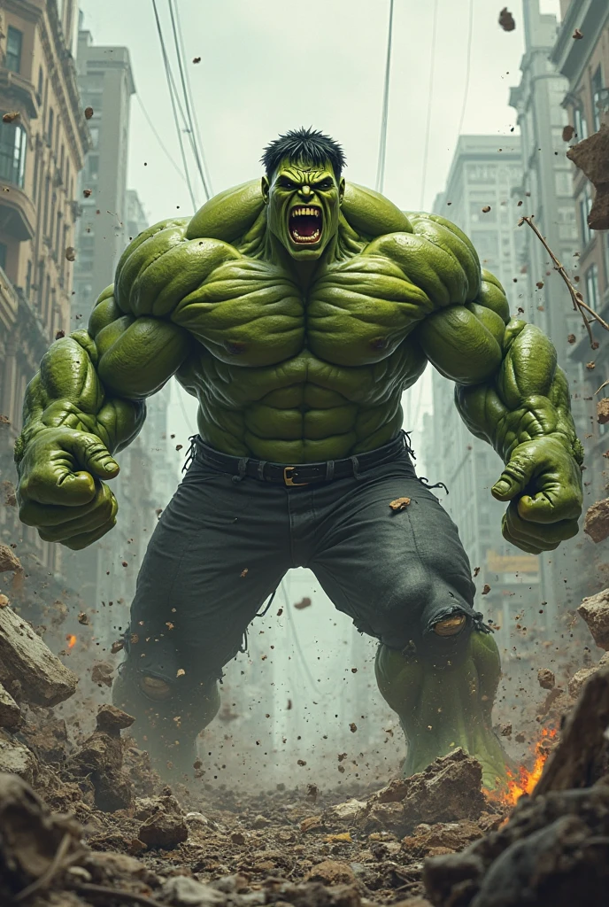 man, in the office, wearing jeans and glasses, big, huge, muscular, looks like the Hulk, green like the Hulk, angry, enraged, shouting furiously, banging his fists on the desk.
