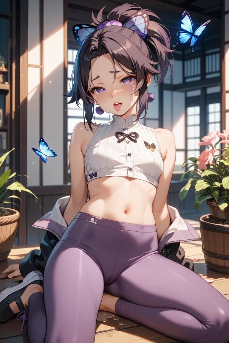 (Representative work: 1.2), (Best quality: 1.2), Solo, One girl, Shinobu little butterfly, happy smile, (white sport bra, black trousers: 1.4), On face, Realistic eyes, Lilac eyes, Wet face, Black hair, (Loincloth: 1.4), Taisho era, rear view, shows ass