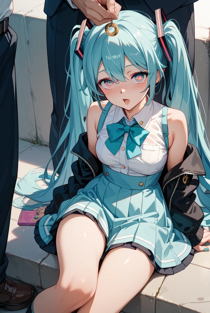 miku hatsune、Green hair、(top-quality、in 8K、32K、masterpiece、nffsw、ighly detailed、Impresionismo:1.2)、Full body, evening、A city scape、On the rooftop、realistic shadow、beauitful face、blurry backround、16-year-old beautiful girl、shinny skin, Beautiful green hair、Blunt bangs、 Twin-tailed、Brown eyes、a sailor suit、pleatedskirt、Black socks、Black shoes、A smile、Striped panties、thighs thighs thighs thighs、from the front side、Opening legs、