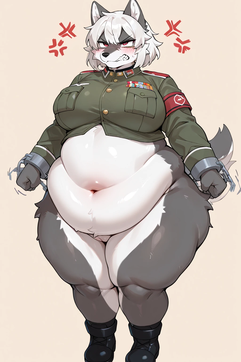 solo, male, wolf, very obese, musclegut, mature male, angry, arms crossed and fat, full black dark fur, red eyes, obese body, half-body, white background, by mystikfox61, by bebebebebe