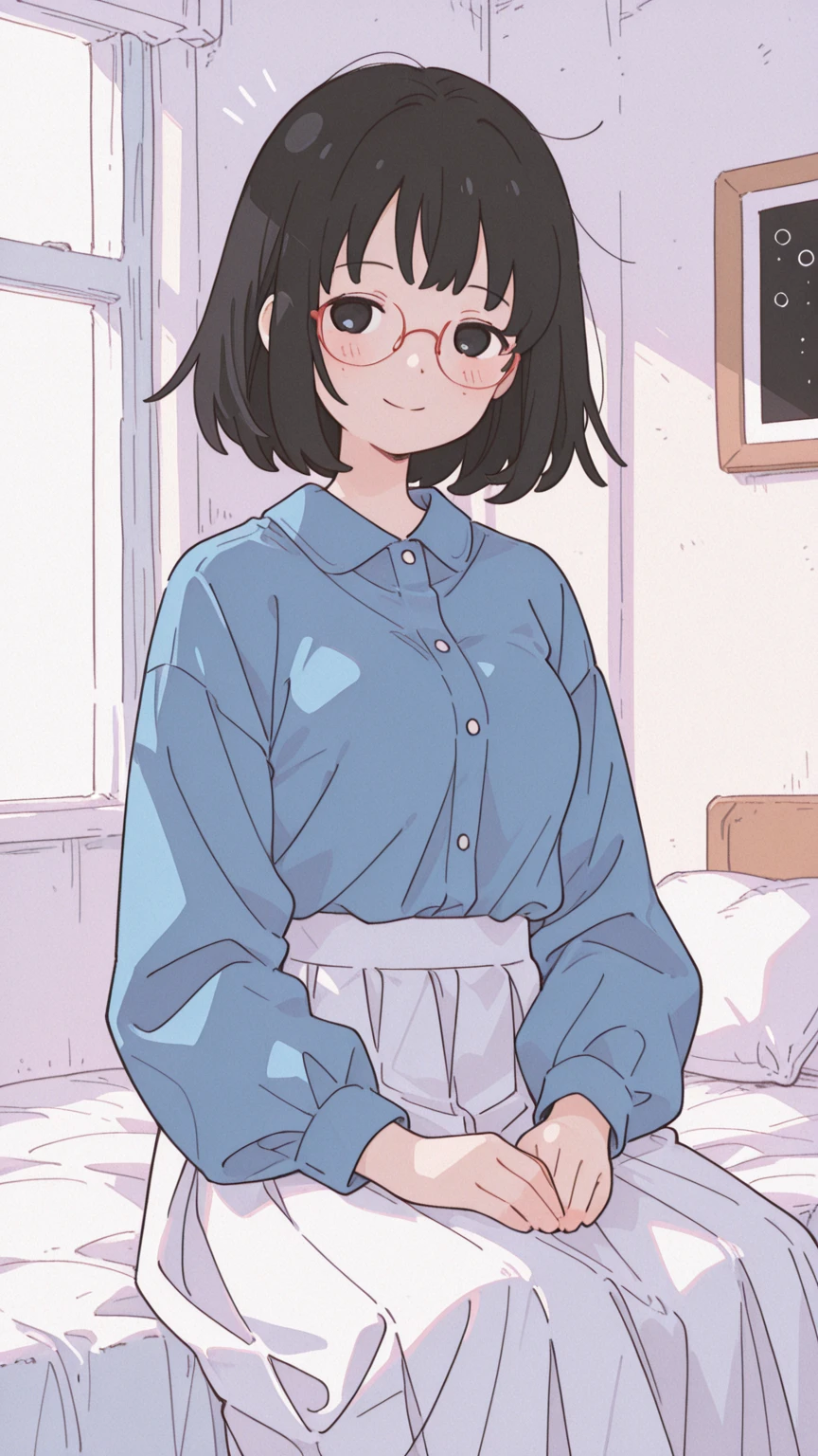 ((masterpiece)), ((best quality)), (ultra-detailed), ((kawaii)), cute, (lovely), anime style, in the room, on the bed, morning, a cute girl, 1girl, solo, pajama, beautiful black hair, beautiful purple eyes, ((beautiful eyes)), white-skinned, ponytail, large breast, glasses, light smile, lens flare