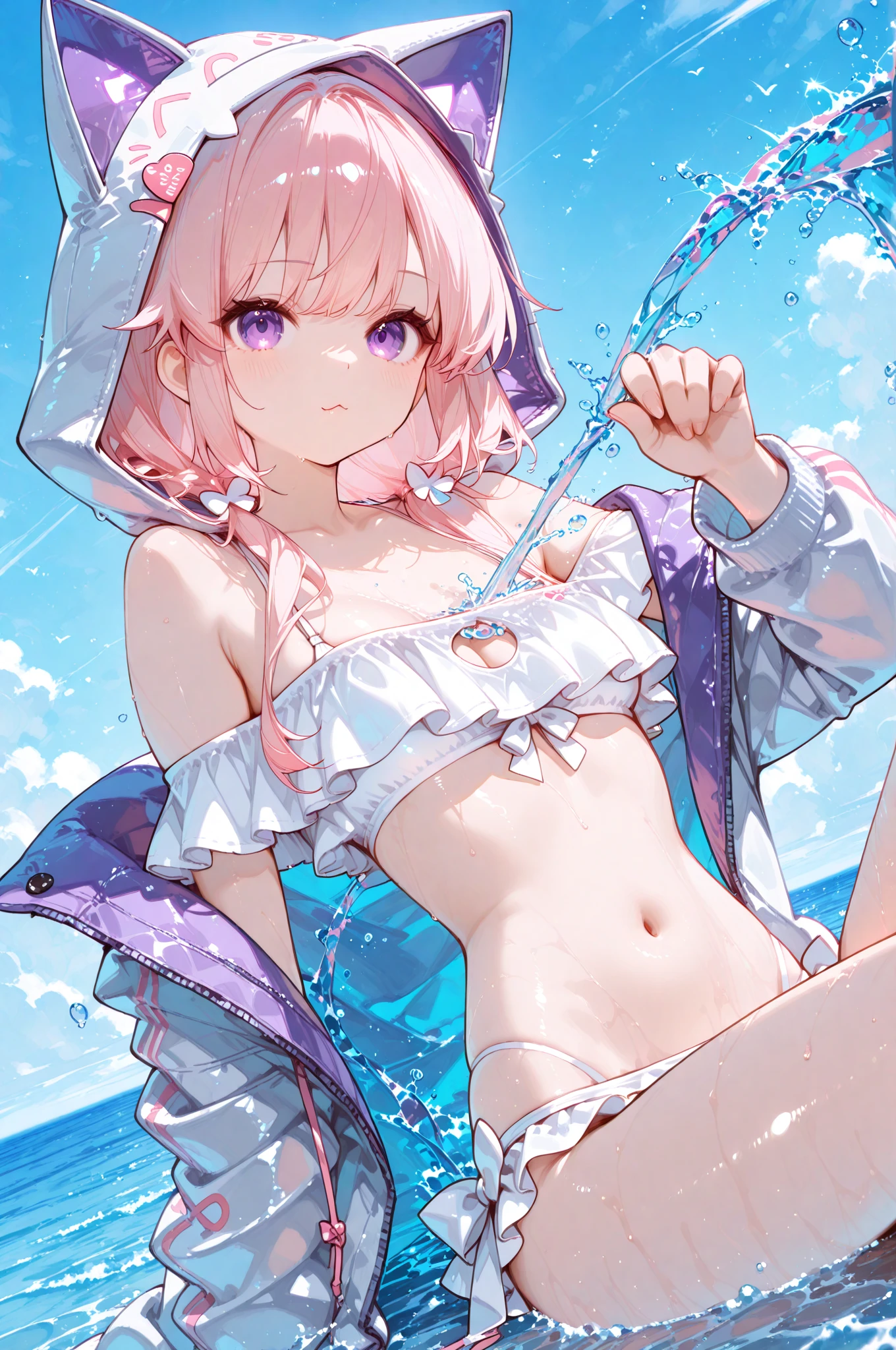 (One girl),(Best image quality, 32K, masterpiece:1.3), Anatomically correct, ((Pink Bob Cut:1.1)),(Swept-apart bangs,Braiding), (Cute eyes, Blue eyes), (like々Funny face),(Mole under right eye), (thin), (Large Breasts),(Glowing Skin:1.1),(Pale skin:1.2),(Fantasy atmosphere),(look up),Ultra-high resolution, Textured skin, Sparkle Effect, Fantasy,Bright Eyes,high school student,Wet body,Sweat,gauze,High angle white bikini eating popsicle,On all fours,Saliva stringing,Drooling,
Night Beach,moonlight,Ocean,Sandy Beach,night,full moon,dark,