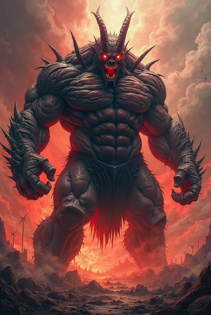 (beast titan,anime,full body:1.1,destroyed city:1.2)[photorealistic:1.37],furry,detailed,aggressive stance,menacing expression,large muscular body,sharp fangs,powerful claws,burning red eyes,smoke and debris,ruins and crumbling buildings,enormous shadow looming,vivid colors,strong lighting,ominous atmosphere,terrifying creature