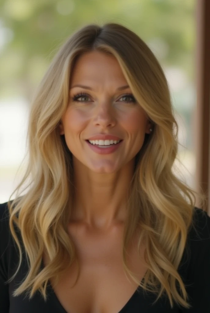 a Realistic photo of a heather morris woman with blue eyes and long blonde Hair style, looking at the viewer, detailed face, detailed eyes, (smiling showing teeth:1.1), perfect slim body, modelshoot style, hand on own shoulder, wearing a cheer outfit, wearing gold earrings and jewelry, soft lighting, professional Photography, Photorealistic, detailed, standing in a dark Studio Room background, blurred background, RAW, analog, sharp focus, 8k, HD, DSLR, high quality, Fujifilm XT3, film grain, award winning, masterpiece <lora:heather morris v1.0:1>