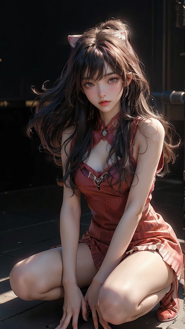 Beautiful woman in red sailor costume, exorcism charm, sitting in Chinese temple, dragon winding around, anime girl cosplay, cosplay pictures, anime cosplay, sailor moon style, realistic style, cinema machine shooting, 8K RAW, movie light effects, seductive anime girl, beautiful and seductive anime woman, anime goddess
