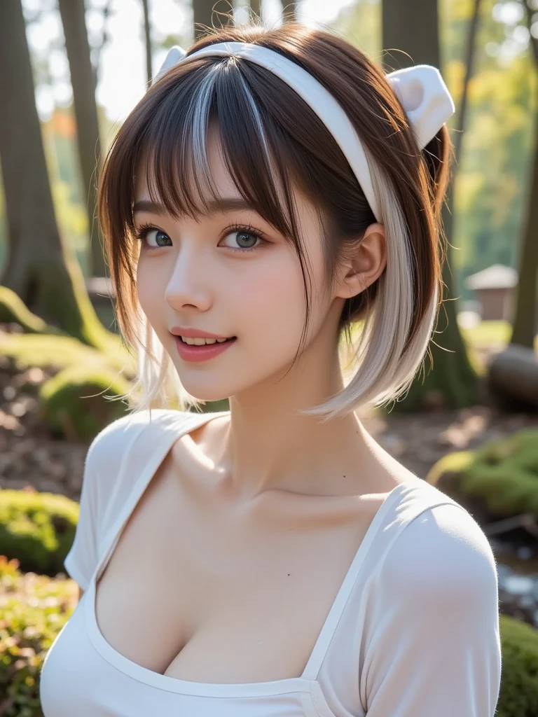 ((Silver Hair))、((Short Hair))、((Highest quality、8k、masterpiece))、Sharp focus:1.2、(Fox Ears))、Cute 17 year old girl with perfect figure:1.4、Slim Abs:1.2、((Dark brown hair))、(whiteいボタン留め)shirt、jeans:1.1)、street:1.2、Highly detailed face and skin texture、fine grain、double eyelid、shoulder、Close-up of a woman in a kimono posing for a photo、Japanの女神、Japan人モデル、white、((Small breasts))、((Small breasts))、((Small breasts))、((Shrine maiden costume))、Japan、Drawing attractive anime girls。Cleavage