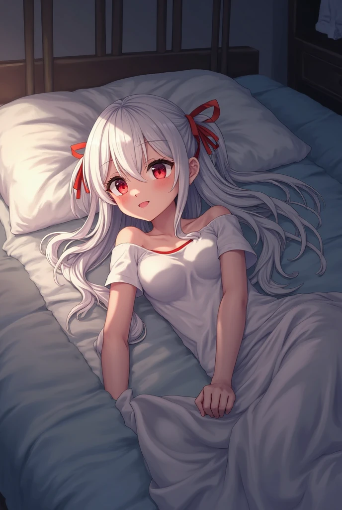 White long hair girl,anime,wet dress,dark red eyes,seductive face,very detailed, masterpiece,fullcolor,visible underwear,ahoge,hand licking,sitting on bed,in a wooden room,di atas ranjang putih,