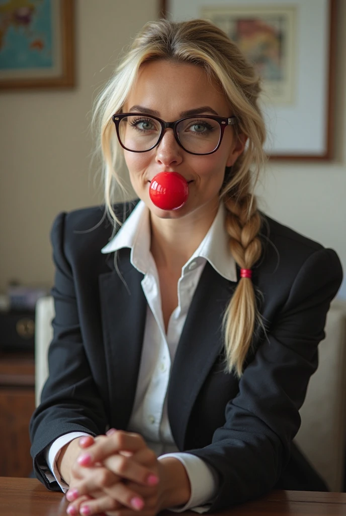 (masterpiece),stockphoto,Canon50D,super realistic, realistically detailed,super detailed,(SFW),busty young gothic woman ,puts on a very tight-fitting++ white button up uniform shirt,(huge++ sagging breasts),stressed buttons,glasses,braids,ballgag,ball gag,