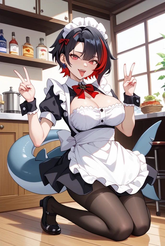 solo,1girl(big breast)(masterpiece, best quality:1.2),Ellen Jo,Zenless Zone Zero,alternate costume ,maid, shark tail, (shark girl:0.5), short hair,black hair,red eyes, tail, pantyhose,multicolored hair, black footwear, short sleeves, apron, wrist cuffs, maidheaddress, stockings, nyantchaellen joe, black hair, red hair,colored inner hair, multicolored hair, (red eyes:1.3), red hair, short hair, two-tone hair,apron, black pantyhose, black shirt, ear piercing,